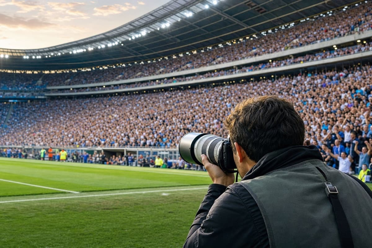 Fotógrafo registrando uma arquibancada cheia em um estádio de futebol
